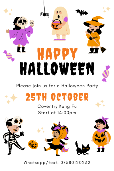 Orange Purple Black Playful Illustrative Child in Costume Halloween Party Invitation Flyer